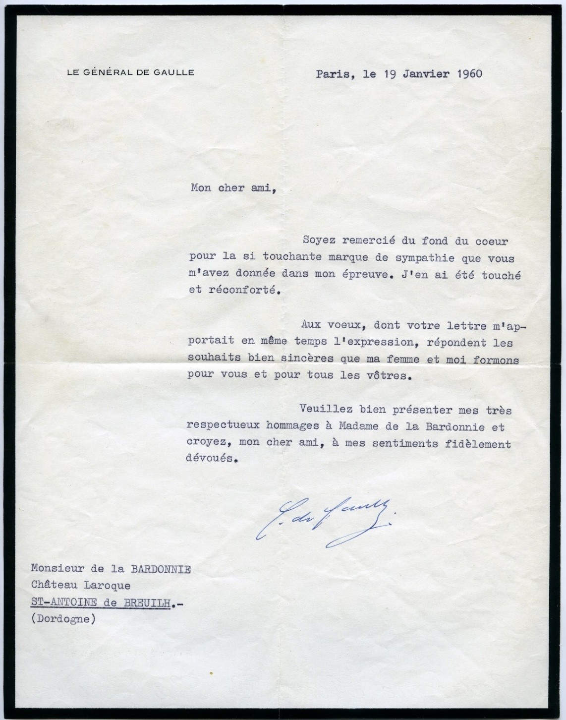 Lettre De Gaulle janvier 1960